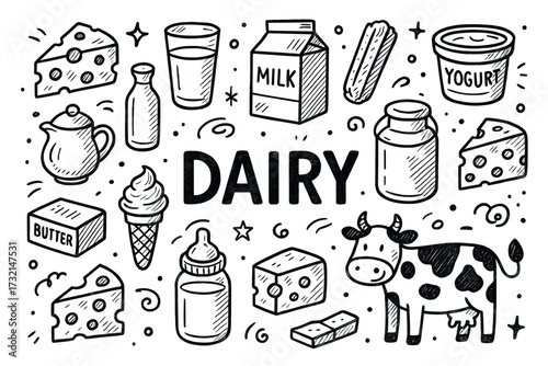 Hand-drawn dairy products with milk, cheese, yogurt, butter, and cow illustration