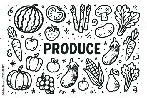 Hand-drawn produce with vegetables and fruits in black and white