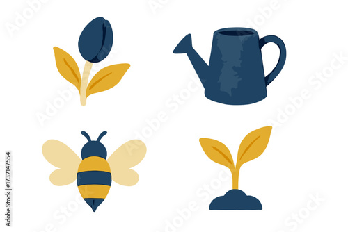 Vibrant collection of spring and garden essentials: a tulip, watering can, bee, and a new plant sprout
