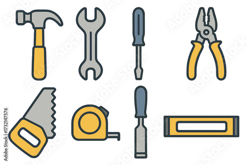 Essential hand tools for construction, home improvement, and repair tasks including hammer, wrench, screwdriver, and saw