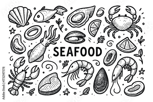 Hand-drawn seafood collection: fish, crab, lobster, and shellfish