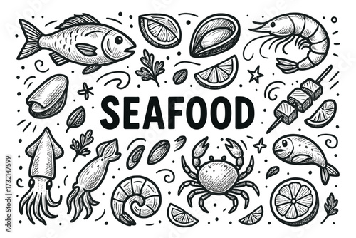 Hand-drawn seafood collection with fish, crab, shrimp, and shellfish illustrations