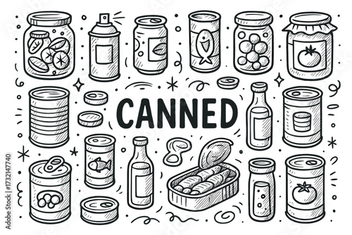 Hand-drawn variety of canned foods and jars illustration with doodle art style
