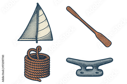 Vintage nautical items with sailboat sail, wooden oar, coiled rope, and boat cleat