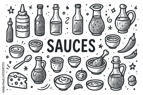 Hand-drawn sketch of various food sauces with bottles and condiments