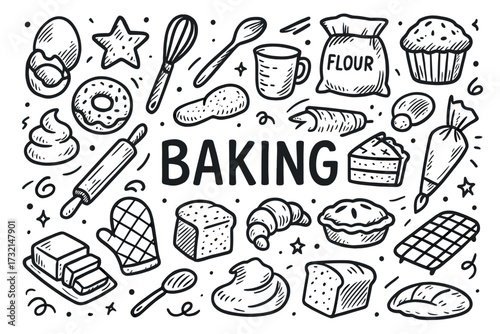 Baking tools and ingredients: whisks, flour, rolling pin, cupcake, doughnut in doodle style
