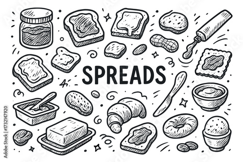 Collection of hand-drawn food spreads: peanut butter, jam, butter, croissant, bagel