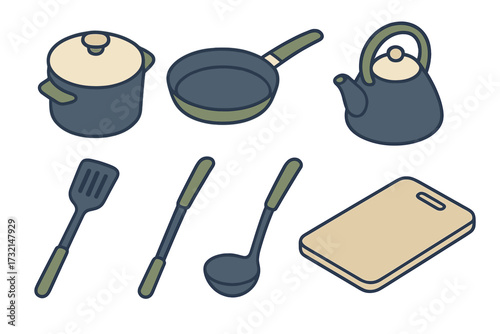 Collection of essential kitchenware items for cooking and food preparation, featuring various pots, pans, a kettle, spatulas, ladles, and a cutting board