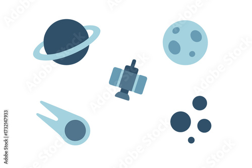 Diverse celestial bodies and space exploration objects including planet, moon, satellite, comet, and asteroids