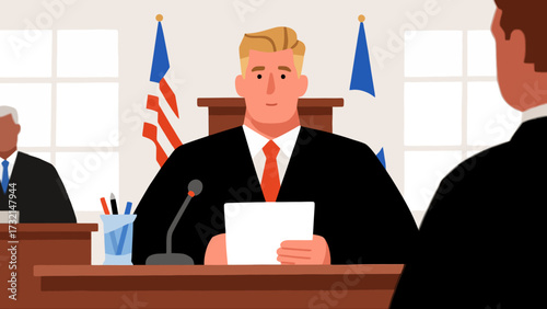 Lawyers and judges are in court, cartoon hand-drawn vector illustrations