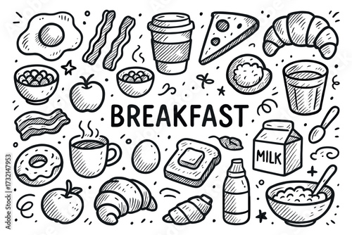 Diverse breakfast foods illustration featuring coffee, croissant, eggs, and milk