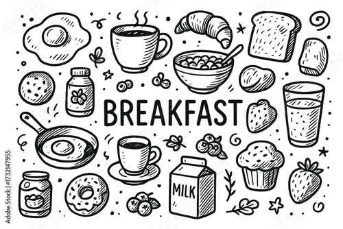 Hand-drawn breakfast food items with coffee, eggs, and bakery goods