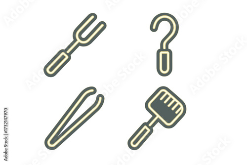 Diverse collection of utility icons featuring a fork, tweezers, rake, and question mark symbol for various applications