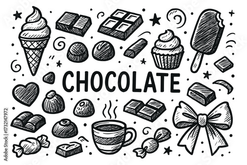 Doodle compilation of various chocolate treats in black and white