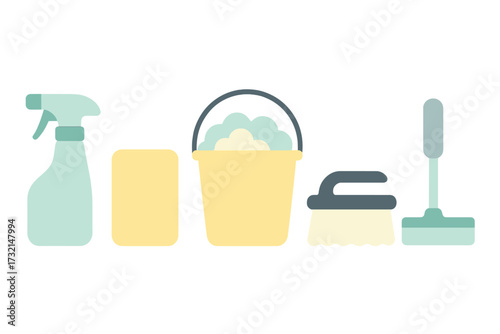 Collection of essential cleaning supplies including spray bottle, sponge, bucket, scrub brush, and squeegee