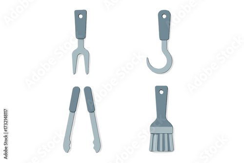 Stylized collection of essential barbecue grilling tools and kitchen utensils for outdoor cooking and culinary preparation