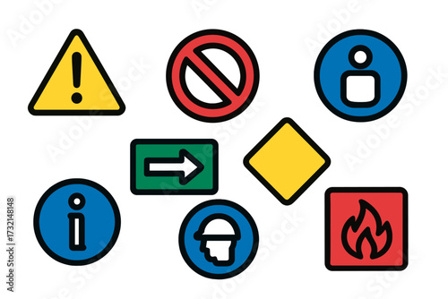 Universal collection of safety, warning, and informational icons for hazard, prohibition, and directional purposes