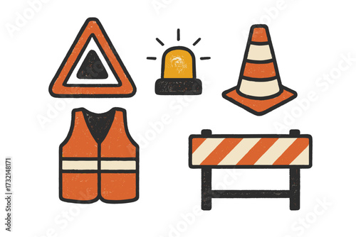 Essential construction safety equipment and road work elements including warning signs, traffic cones, safety vests, and barriers