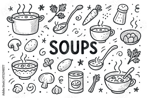 Hand-drawn soup ingredients and dishes illustration with bowls and vegetables