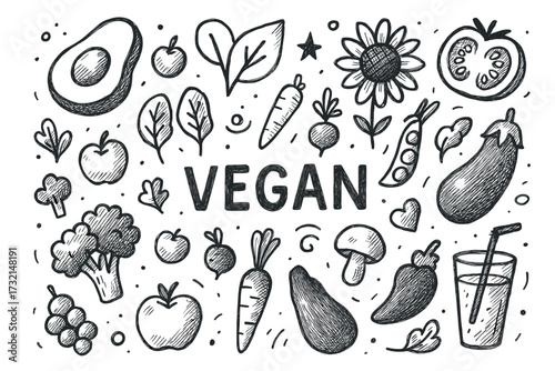 Hand-drawn vegan food icons: fruits, vegetables, and plant-based elements