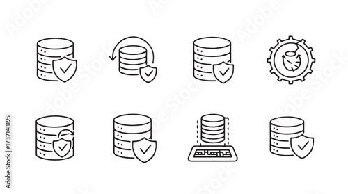 Collection of database security icons representing data protection and integrity with shield symbols vector