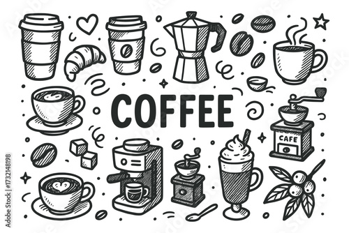 Hand-drawn coffee elements: cups, beans, grinder, and croissant
