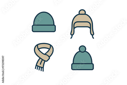Collection of warm winter hats including beanies and a trapper hat, alongside a cozy knitted scarf for cold weather protection