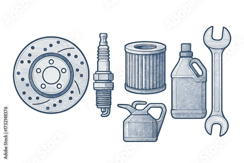 Essential automotive repair and maintenance tools with various car parts and accessories for vehicle service