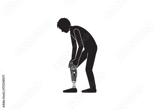 Stick figure stretching leg isolated on white background, warming up before run.