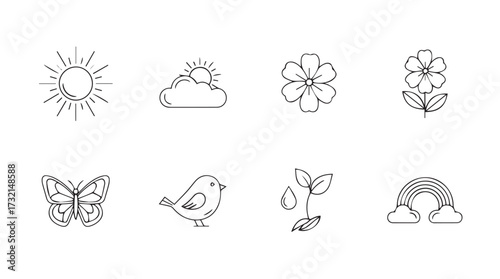 Delicate hand-drawn spring icons featuring flowers birds butterfly and teacup for creative design vector