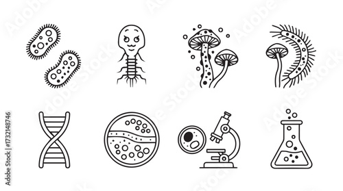Collection of hand drawn science icons representing microbiology biology and chemistry research vector