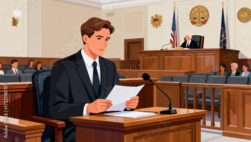 Lawyers and judges are in court, cartoon hand-drawn vector illustrations