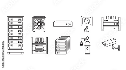 Set of hand drawn server racks cooling fans network devices and security cameras for technology concepts vector