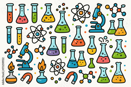 Science, chemistry flat icon set. lab equipment, experiments icons flat collection