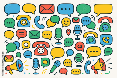 Communication, messaging flat icon set. chat, call, and social media icons collection