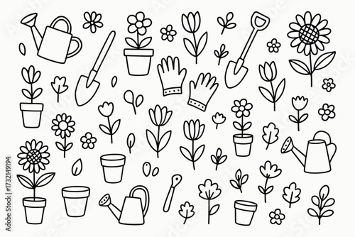 Gardening tools and plants outline icon set. home gardening and plant care icons.
