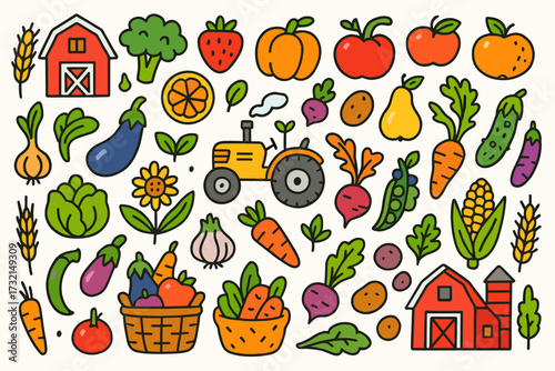 Gardening, farming flat icon set. fresh produce, vegetables, and farm tools collection.