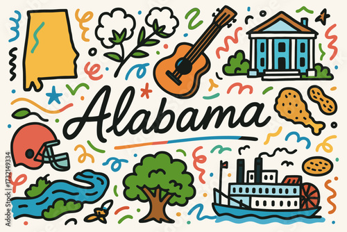 Alabama culture flat icon set: music, history, cuisine, nature elements collection