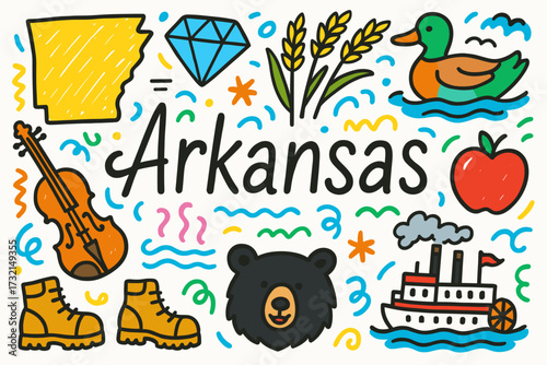 Arkansas icon set. state symbols flat collection with outline illustrations.
