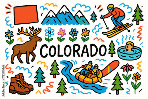 Colorado travel doodle icon set. outdoor adventure and nature themed doodles.