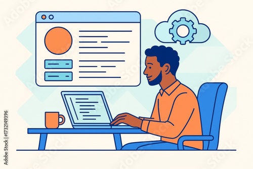 Male developer working on a laptop with cloud settings and interface elements on light background in creative flat illustration style. Ai generative