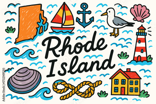 Nautical, rhode island outline icon set. coastal, marine, beach icons illustration.