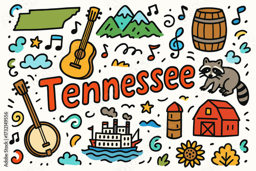 Tennessee travel icon set. music, nature, culture flat icons for tourism promotion