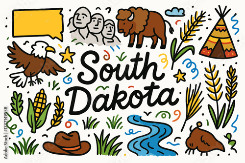 South dakota, wildlife and culture flat icon set. nature, heritage flat icons collection