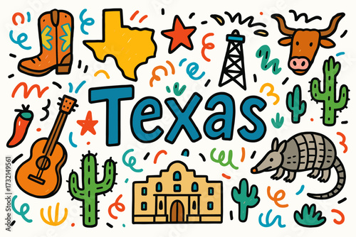 Texas outline icon set: lone star symbols, cowboy boots, and armadillo designs