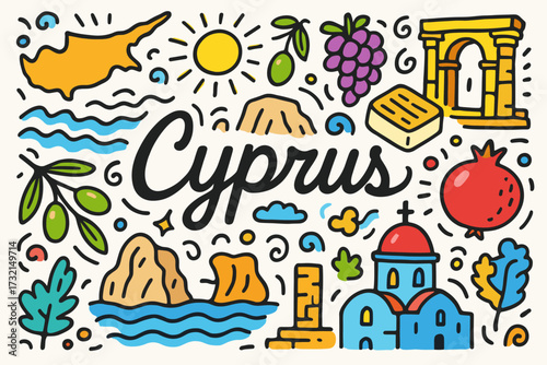 Cyprus travel outline icon set. culture, landmarks, food, and nature icons collection.
