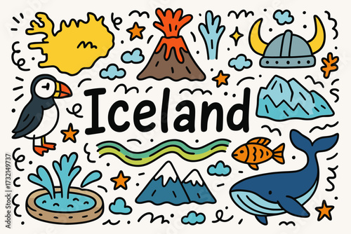 Iceland adventure doodle icon set. travel, nature, wildlife, viking doodles in flat style