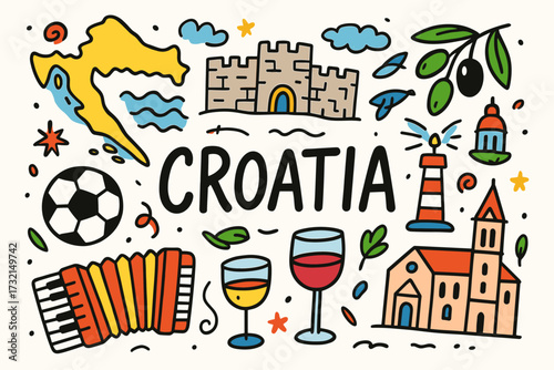 Croatia vector icon set. outline illustrations of landmarks, culture, and attractions.