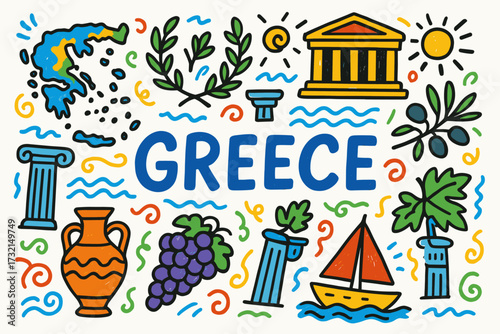 Greece travel flat icon set. greek culture, landmarks, and nature illustrations.