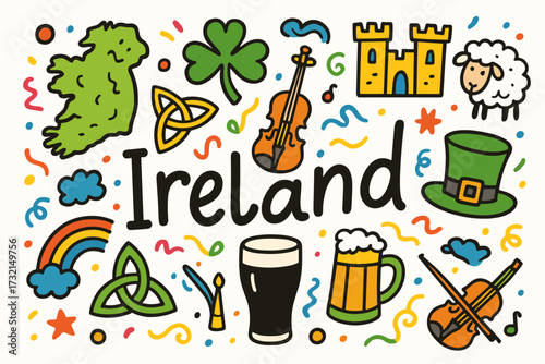 Ireland flat icon set: culture, symbols, heritage icons collection for irish themes